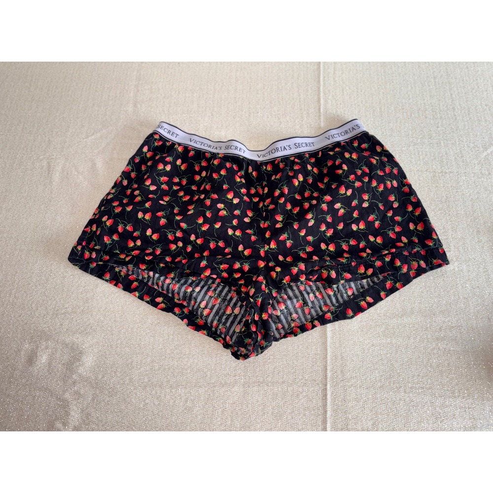 Victoria's Secret Pajama Shorts Large Black Strawberry Excellent Lounge Sleep